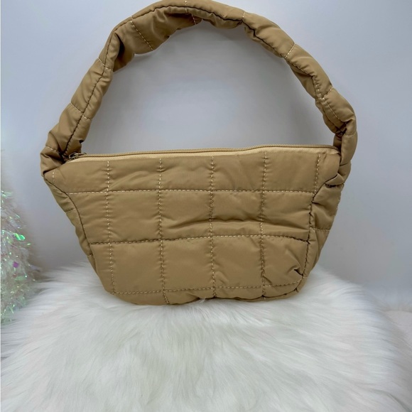 Puffer Quilted Nylon Material Hand Bag in tan with card case wallet Bundle - Picture 10 of 10